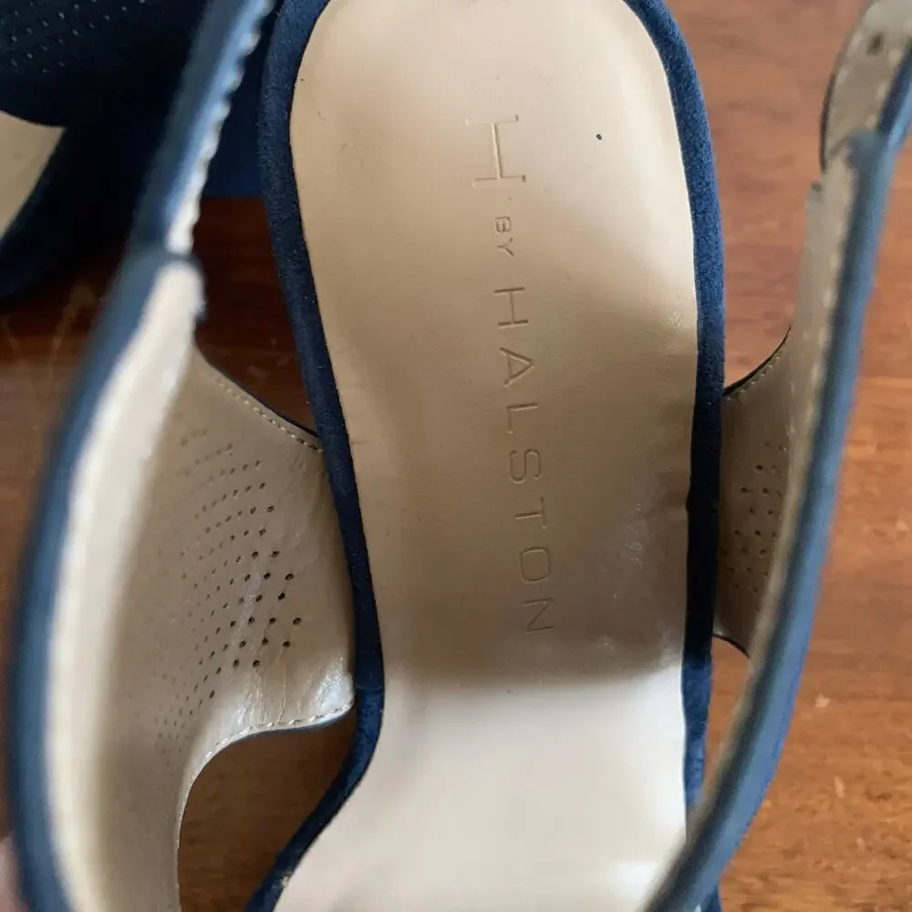 H by Halston Suede Open Toe Wedge Navy Blue McKenzie Sandals Size 5.5 NWOT